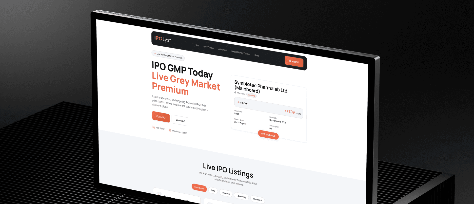 IPOLyst website on a monitor, showing the headline 'IPO GMP Today — Live Grey Market Premium' beside a live IPO listing card