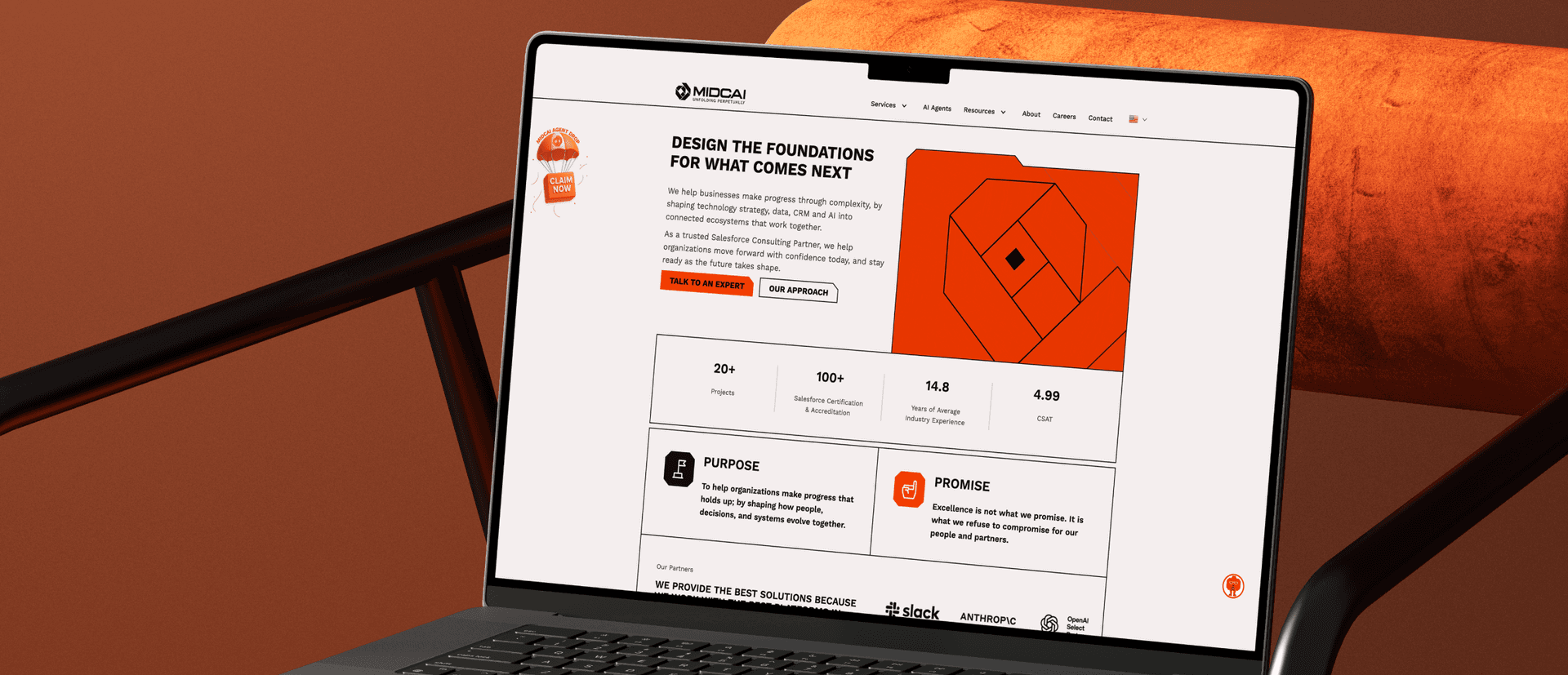 MIDCAI website homepage on a laptop, showing the headline 'Design the foundations for what comes next' with the company's orange geometric artwork