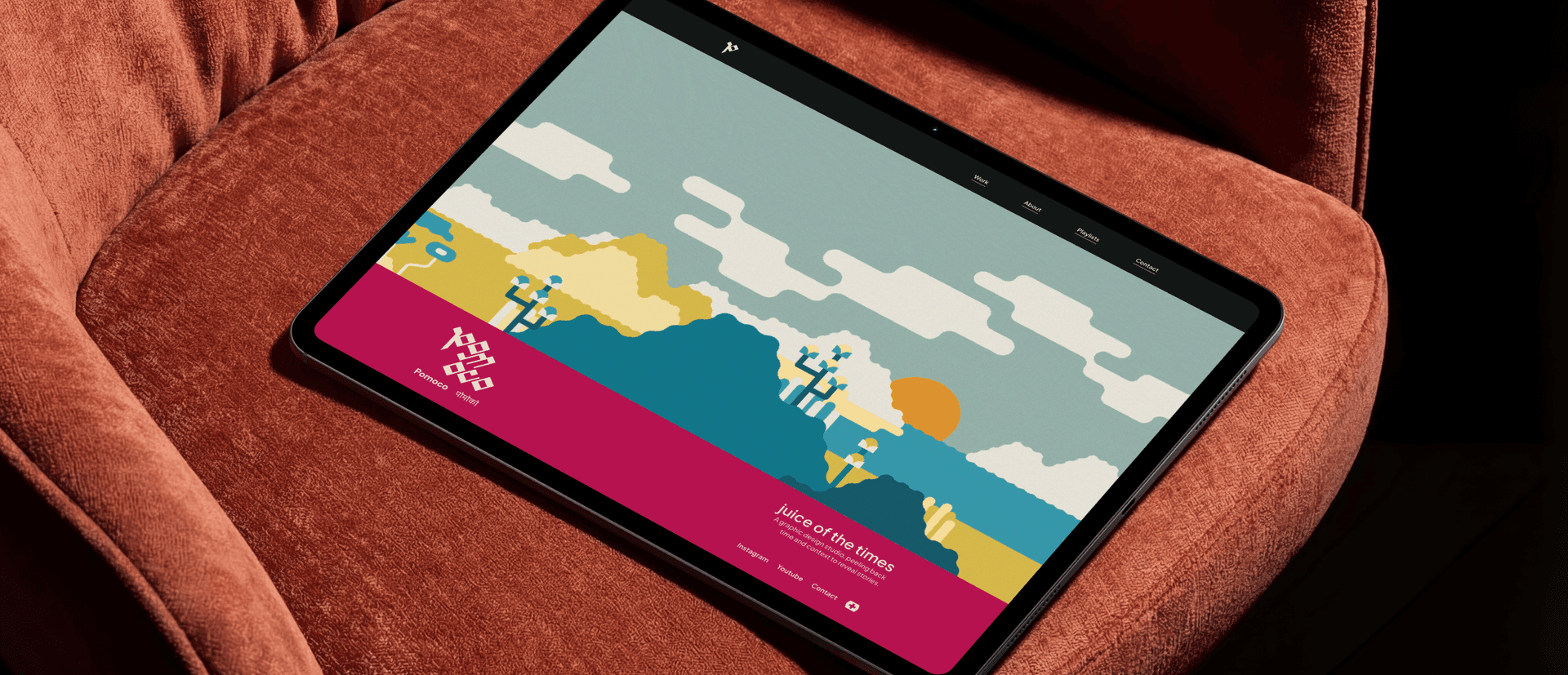 Pomoco website on a tablet, showing the storytelling-driven landing page 'juice of the times' with a layered illustrated hero