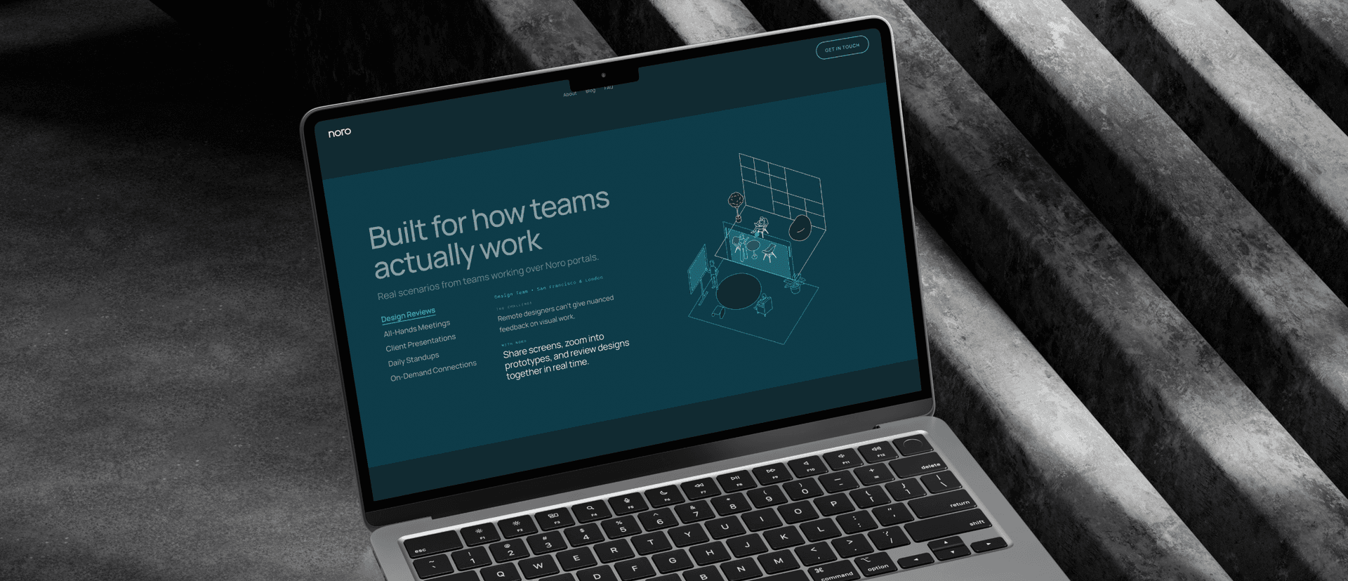 Noro website on a laptop, showing the headline 'Built for how teams actually work' with an isometric illustration of a Noro telepresence portal